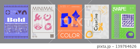 Abstract cover typography template. Posters layouts with creative bold forms, bright compositions with organic symbols and geometric shapes. Modern banners set in retro design. Vector illustration. 139764626