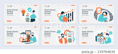 People saving money concept of landing page with slide templates set in flat design. Website headers with people planning budget, managing personal finance and doing deposits. Vector illustrations. People saving money concept of landing page with slide templates set in flat design. Website headers with people planning budget, managing personal finance and doing deposits. Vector illustrations. 139764630