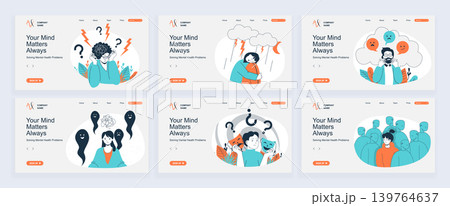 Mental health problem concept of landing page with slide templates set in flat design. Website headers with people feeling negative emotions, crying, stress and nervous illness. Vector illustrations. 139764637