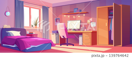Girl bedroom interior background for banner design. Empty teenage room with bed, computer on table and chair, garland and pictures, bookshelf, wardrobe cabinet, window. Vector cartoon illustration Girl bedroom interior background for banner design. Empty teenage room with bed, computer on table and chair, garland and pictures, bookshelf, wardrobe cabinet, window. Vector cartoon illustration 139764642