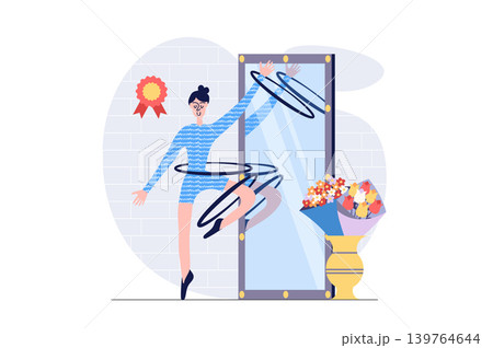 Hobby concept in modern flat design for web. Woman exercising with plastic hoops by mirror, doing gymnastics training in class, preparing to competition for getting winner medal. Vector illustration. Hobby concept in modern flat design for web. Woman exercising with plastic hoops by mirror, doing gymnastics training in class, preparing to competition for getting winner medal. Vector illustration. 139764644