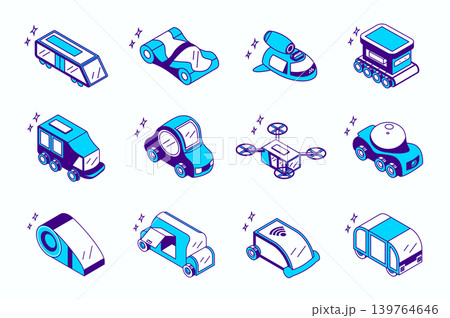 Autonomous vehicles concept 3d isometric icons set for web isometry design. Collection elements of driverless train, electric car, flying drone, wireless smart transport, more. Vector illustration. Autonomous vehicles concept 3d isometric icons set for web isometry design. Collection elements of driverless train, electric car, flying drone, wireless smart transport, more. Vector illustration. 139764646