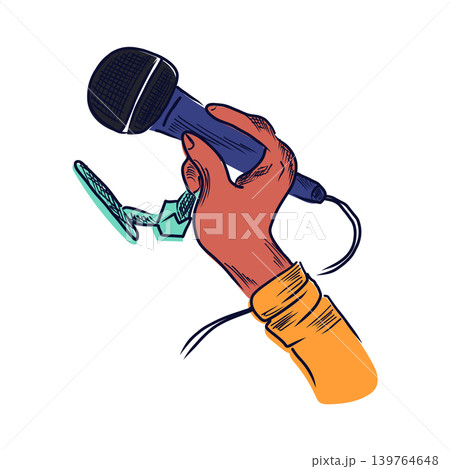 Podcast microphone in flat design. Broadcast speaker hand holding mic. Vector illustration isolated. Podcast microphone in flat design. Broadcast speaker hand holding mic. Vector illustration isolated. 139764648