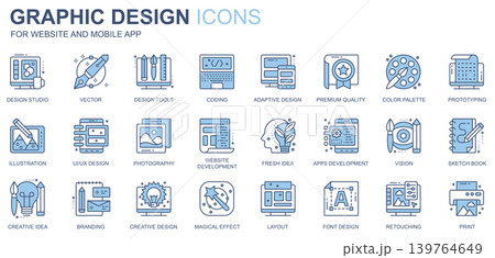 Graphic design web icons set in duotone line design. Pack of tools, coding, premium quality, color palette, prototyping, ui ux, photography, idea, other outline stroke pictograms. Vector illustration 139764649