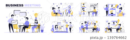 Business meeting concept set in flat web design. Collection with people discussing and cooperate at conference, working in team by video call. Flat vector illustration isolated on white background. Business meeting concept set in flat web design. Collection with people discussing and cooperate at conference, working in team by video call. Flat vector illustration isolated on white background. 139764662
