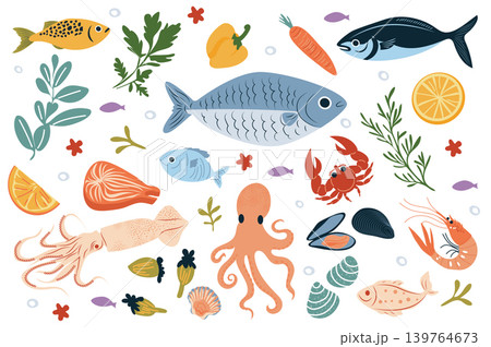 Seafood set in flat graphic design. Collection elements of tuna, sardine, anchovy, herring and other fishes, shrimp, oyster, shell, octopus, crab, crab, lobster, sea food market. Vector illustration. Seafood set in flat graphic design. Collection elements of tuna, sardine, anchovy, herring and other fishes, shrimp, oyster, shell, octopus, crab, crab, lobster, sea food market. Vector illustration. 139764673