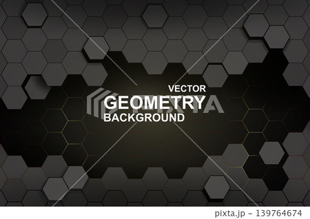 Abstract background with dark hexagon tiles mosaic with thin golden lines decoration on black backdrop. Elegance luxury wallpaper with honeycomb pattern in repetition composition. Vector illustration Abstract background with dark hexagon tiles mosaic with thin golden lines decoration on black backdrop. Elegance luxury wallpaper with honeycomb pattern in repetition composition. Vector illustration 139764674