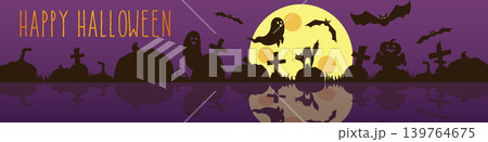 Happy Halloween banner design. Party invitation purple template with cemetery night silhouette, flying spooky ghosts and bats, pumpkins, tombstone crosses, huge moon, black cat. Vector illustration. 139764675