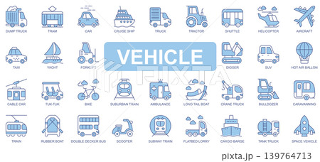 Vehicle icons set in duotone outline stroke design for web. Pack pictograms of dump truck, tram, car, cruise ship, tractor, shuttle, helicopter, taxi, yacht, ambulance, other. Vector illustration. Vehicle icons set in duotone outline stroke design for web. Pack pictograms of dump truck, tram, car, cruise ship, tractor, shuttle, helicopter, taxi, yacht, ambulance, other. Vector illustration. 139764713