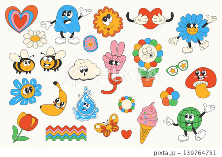 Vintage groovy set elements in flat graphic design. Collection of funky heart, ghost, sun, hug, daisy, bees, cloud, hand, mushroom, sunglasses, banana, water drop, other mascots. Vector illustration. 139764751