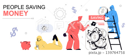 People saving money concept in flat cartoon design for web banner. Man and woman collecting coins in piggy bank, planning budget, managing personal finance and getting profit. Vector illustration. People saving money concept in flat cartoon design for web banner. Man and woman collecting coins in piggy bank, planning budget, managing personal finance and getting profit. Vector illustration. 139764758
