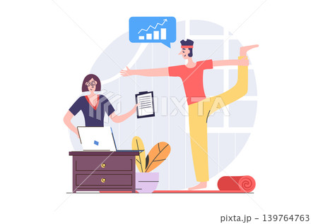 Freelance concept in modern flat design for web. Man freelancer working online while doing yoga training, making distant tasks and analyzing graphs, connecting with manager. Vector illustration. 139764763