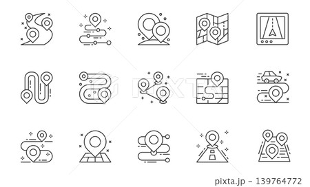 GPS navigator icons set in outline stroke design for web. Pack line pictograms with route with location points, pins, map, online tracking, direction, car travel, position, other. Vector illustration. 139764772