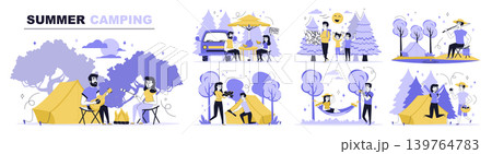Summer camping concept set in flat web design. Collection with people resting at campground with tents, relax at picnic with children in forest. Flat vector illustration isolated on white background. 139764783