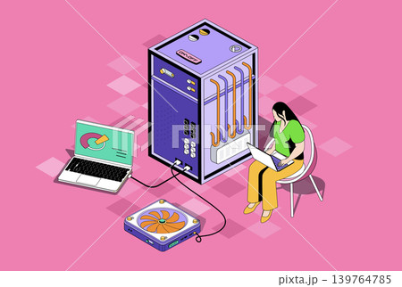 Data centre web concept in 3d isometric graphic design. Isometry people scene with woman working as tech administrators, monitoring system and infrastructure, supporting servers. Vector illustration. 139764785