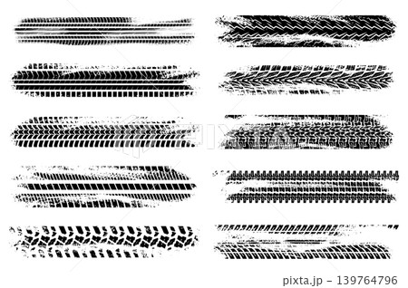 Grunge tire tracks mega set elements in flat graphic design. Bundle objects of abstract black wheels tread, motorcycle or car messy trails, road dirty rubber texture effect. Vector illustration. Grunge tire tracks mega set elements in flat graphic design. Bundle objects of abstract black wheels tread, motorcycle or car messy trails, road dirty rubber texture effect. Vector illustration. 139764796