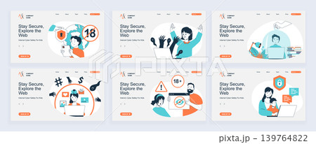Internet cyber safety for kids concept of landing page with slide templates set in flat design. Website headers with people protect children online privacy with parental control. Vector illustrations. 139764822