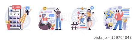 Social network concept with people scenes set in flat web design. Collection of character situation with users connecting online with friends, posting and likes photos, chats. Vector illustrations. 139764848