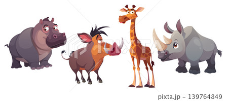 Africa animals mega set in cartoon graphic design. Bundle elements of hippopotamus, warthog boar, giraffe and rhinoceros. African cute zoo pets of safari park. Vector illustration isolated objects Africa animals mega set in cartoon graphic design. Bundle elements of hippopotamus, warthog boar, giraffe and rhinoceros. African cute zoo pets of safari park. Vector illustration isolated objects 139764849