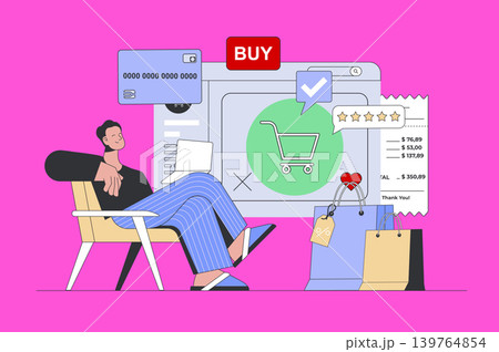 Shopping concept in modern flat design for web. Man filling purchase basket, making online payment and ordering products with delivery. Vector illustration for social media banner, marketing material. Shopping concept in modern flat design for web. Man filling purchase basket, making online payment and ordering products with delivery. Vector illustration for social media banner, marketing material. 139764854