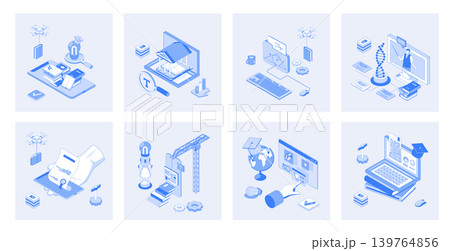 Online education 3d isometric concept set with isometric icons design for web. Collection of virtual library, reading books, e-learning platform, video lessons, science learning. Vector illustration 139764856