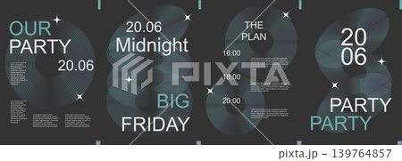 Party modern banner with trendy minimalist typography design. Poster templates with shiny music disk in line grid forms and text elements on dark backdrop for show invitation. Vector illustration. Party modern banner with trendy minimalist typography design. Poster templates with shiny music disk in line grid forms and text elements on dark backdrop for show invitation. Vector illustration. 139764857