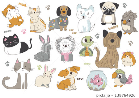 Cute cartoon domestic animals set elements in flat graphic design. Collection of funny playful cats and kittens, dog and puppies, parrots, rabbits, turtle, hamster, fish aquarium. Vector illustration. Cute cartoon domestic animals set elements in flat graphic design. Collection of funny playful cats and kittens, dog and puppies, parrots, rabbits, turtle, hamster, fish aquarium. Vector illustration. 139764926