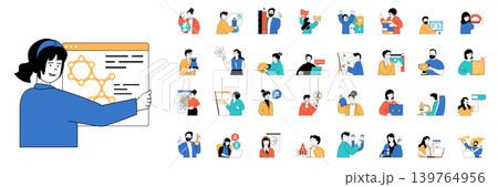 Education concept with character situations mega set in flat web design. Bundle of scenes people learning at school or university, gaining skills and knowledges, doing science. Vector illustrations. 139764956
