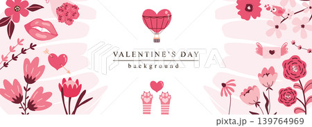 Valentine Day horizontal web banner. Abstract pink flowers and bouquets, kiss lips, paw, romantic letters, gifts and hearts. Vector illustration for header website, cover templates in modern design Valentine Day horizontal web banner. Abstract pink flowers and bouquets, kiss lips, paw, romantic letters, gifts and hearts. Vector illustration for header website, cover templates in modern design 139764969