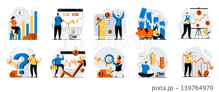 Stock market web concept with people scenes mega set in flat design. Bundle of character situations with investment money, analyzing diagram infographic, buy and sell shares. Vector illustrations. 139764970