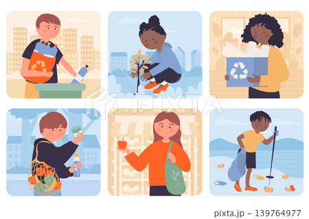 Eco friendly concept with people situation set in flat web design. Bundle scenes with multiethnic diverse characters of collecting trash, recycling plastic, planting tree, other. Vector illustrations. 139764977
