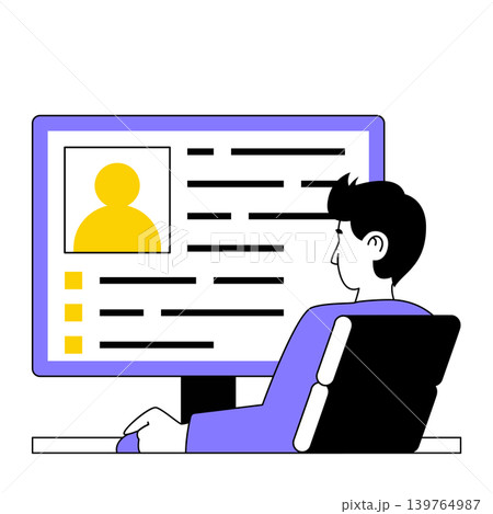Recruitment concept with cartoon people in flat design for web. Man choosing cv candidate and reading professional information online. Vector illustration for social media banner, marketing material. Recruitment concept with cartoon people in flat design for web. Man choosing cv candidate and reading professional information online. Vector illustration for social media banner, marketing material. 139764987