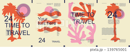 Travel modern banner with trendy minimalist typography design. Poster templates with colorful palm trees, plants and sun shapes and text elements for summertime vacation tour. Vector illustration. 139765001