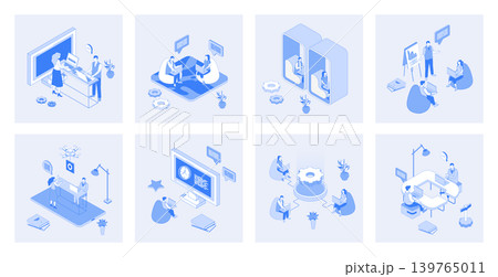 Coworking 3d isometric concept set with isometric icons design for web. Collection of employees workplace in open office, colleagues working together, business meeting community. Vector illustration Coworking 3d isometric concept set with isometric icons design for web. Collection of employees workplace in open office, colleagues working together, business meeting community. Vector illustration 139765011