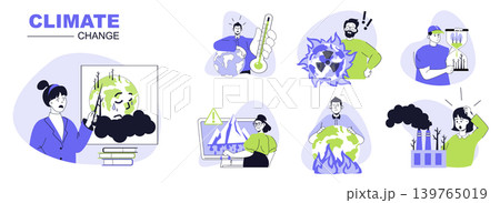 Climate change concept set for web design. Collection with people suffering from hot temperature, toxic pollution, melting glaciers and more. Flat vector illustration isolated on white background. Climate change concept set for web design. Collection with people suffering from hot temperature, toxic pollution, melting glaciers and more. Flat vector illustration isolated on white background. 139765019