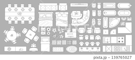 Linear interior in top view mega set in flat graphic design. Collection elements of outline apartment plan with kitchen, dining, bedroom, living room, bathroom and other objects. Vector illustration. Linear interior in top view mega set in flat graphic design. Collection elements of outline apartment plan with kitchen, dining, bedroom, living room, bathroom and other objects. Vector illustration. 139765027