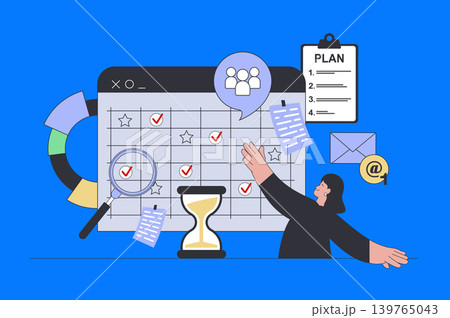 Business planning concept in modern flat design for web. Woman making schedule with meetings at calendar, setting tasks and deadlines. Vector illustration for social media banner, marketing material. Business planning concept in modern flat design for web. Woman making schedule with meetings at calendar, setting tasks and deadlines. Vector illustration for social media banner, marketing material. 139765043
