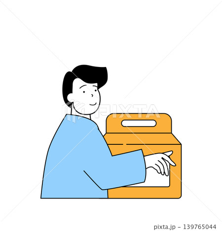 Delivery concept with cartoon people in flat design for web. Man getting cardboard food bag parcel from courier shipping in time. Vector illustration for social media banner, marketing material. Delivery concept with cartoon people in flat design for web. Man getting cardboard food bag parcel from courier shipping in time. Vector illustration for social media banner, marketing material. 139765044