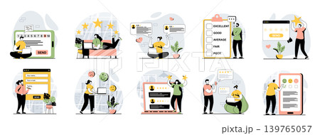 Feedback web concept with people scenes mega set in flat design. Bundle of character situations with leaving comments with review, customer satisfaction, best rating evaluation. Vector illustrations. Feedback web concept with people scenes mega set in flat design. Bundle of character situations with leaving comments with review, customer satisfaction, best rating evaluation. Vector illustrations. 139765057