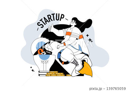 Startup outline web modern concept in flat line design. Woman creating and launching new business project, entrepreneur beginnings. Vector illustration for social media banner, marketing material. Startup outline web modern concept in flat line design. Woman creating and launching new business project, entrepreneur beginnings. Vector illustration for social media banner, marketing material. 139765059