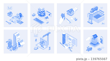 Real estate 3d isometric concept set with isometric icons design for web. Collection of searching new home, property buying, houses building, customer bank loan and mortgage. Vector illustration 139765087