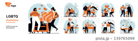LGBTQ couples concept with people scenes mega set in flat web design. Bundle of character situation with lgbt partners on romantic date, propose, adopt and raise kids together. Vector illustrations. LGBTQ couples concept with people scenes mega set in flat web design. Bundle of character situation with lgbt partners on romantic date, propose, adopt and raise kids together. Vector illustrations. 139765099