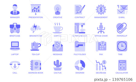 Office supplies web icons set in duotone flat design. Pack pictograms with manager, presentation, contract, email, briefcase, brainstorm, coffee maker, call, file folder, other. Vector illustration. 139765106