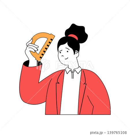 School learning concept with cartoon people in flat design for web. Teacher holds ruler and explaining information at geometry class. Vector illustration for social media banner, marketing material. 139765108