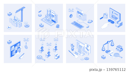 HR process 3d isometric concept set with isometric icons design for web. Collection of online resume searching, candidate job interview, choose applicants, company employment. Vector illustration HR process 3d isometric concept set with isometric icons design for web. Collection of online resume searching, candidate job interview, choose applicants, company employment. Vector illustration 139765112