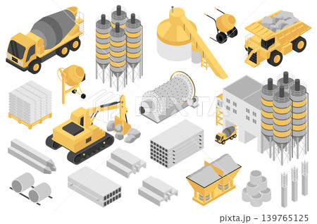 Cement manufacturing isometric elements constructor mega set. Creator kit with flat graphic concrete mixers, machinery, slabs, blocks pile, factory buildings. Vector illustration in 3d isometry design Cement manufacturing isometric elements constructor mega set. Creator kit with flat graphic concrete mixers, machinery, slabs, blocks pile, factory buildings. Vector illustration in 3d isometry design 139765125