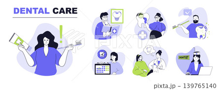 Dental care concept set for web design. Collection with people visiting dentist for teeth checkup, get oral hygiene, treatment and procedure. Flat vector illustration isolated on white background. Dental care concept set for web design. Collection with people visiting dentist for teeth checkup, get oral hygiene, treatment and procedure. Flat vector illustration isolated on white background. 139765140