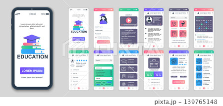 Education mobile app screens set for web templates. Pack of student profile, online lessons, science learning, progress statistic. UI, UX, GUI user interface kit for cellphone layouts. Vector design Education mobile app screens set for web templates. Pack of student profile, online lessons, science learning, progress statistic. UI, UX, GUI user interface kit for cellphone layouts. Vector design 139765148