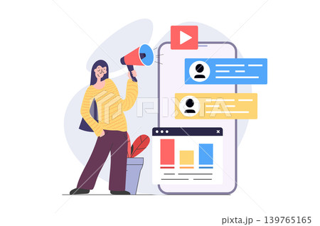 Digital marketing concept in modern flat design for web. Woman with megaphone making promotion for audience in mobile social media app, analyzing data and campaign analytics. Vector illustration. Digital marketing concept in modern flat design for web. Woman with megaphone making promotion for audience in mobile social media app, analyzing data and campaign analytics. Vector illustration. 139765165