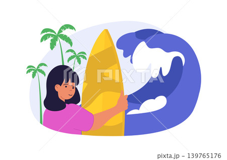 Travel concept in modern flat design for web. Woman with surfboard going to summer vacation to tropical island by sea or ocean with high waves for active rest with surfing. Vector illustration. Travel concept in modern flat design for web. Woman with surfboard going to summer vacation to tropical island by sea or ocean with high waves for active rest with surfing. Vector illustration. 139765176